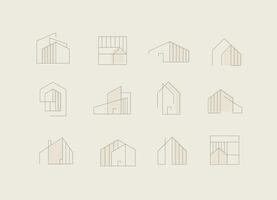 Building and house icons drawing in modern linear style on beige beige background vector