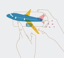 Phone in hand buying flight tickets drawing with blue plane and thin lines on white background vector