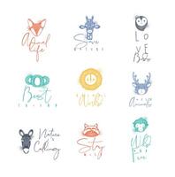 Set of animals authentic graphic signs fox, giraffe, owl, panda, lion, antelope, horse, cat, monkey with lettering drawing in different colors vector