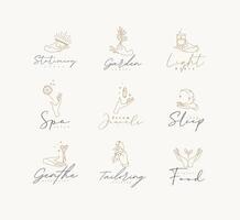 Hand symbol templates pen, branch, candle, dandelion, crystal, moon, scissors, needle, leaf in modern line style drawing on beige background vector