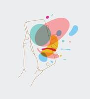 Phone in hand with multimedia symbols drawing thin lines on white background vector