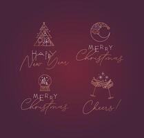 Christmas and Happy New Year art deco labels with lettering drawing in modern vintage line style on red background vector