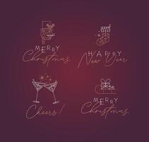 Set of Christmas and Happy New Year art deco labels with lettering drawing in modern vintage line style red background vector