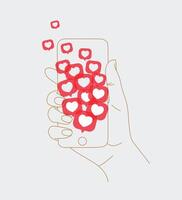 Phone in hand with many like symbols drawing thin lines on white background vector
