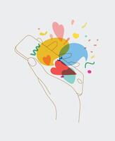 Phone in hand with love messages symbols drawing thin lines on white background vector