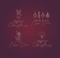 Set of New Year and Christmas art deco labels with lettering drawing in modern vintage line style on red background vector