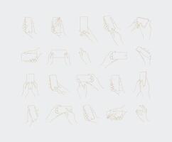 Set of hand phone in different positions and navigation drawing with thin lines on light background. vector