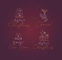 New Year and Christmas art deco labels with lettering drawing in modern vintage line style on red background vector