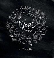 Meal time monogram with food icon drawing with chalk on chalkboard vector