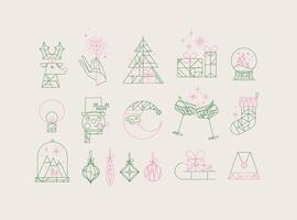 Set of christmas icons drawing in art deco line style on beige background vector