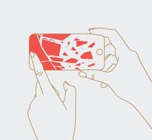 Phone in two hands with broken scattering glass drawing thin lines on white background vector