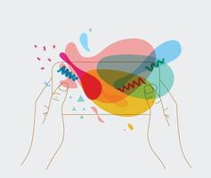 Phone in two hands interactive games with colorful splashes drawing thin lines on white background vector