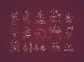 Set of christmas icons drawing in art deco line style on red background vector