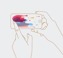 Phone in hands surfing internet drawing with thin lines on white background vector