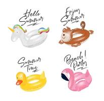 Inflatable rings illustrated unicorn, monkey, duck, flamingo with lettering drawing in cute cartoon style on white background vector