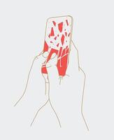 Phone breakdown in hands drawing with thin lines on white background vector