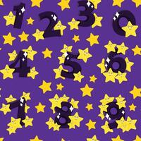 Purple seamless space pattern of cartoon numbers with stars vector