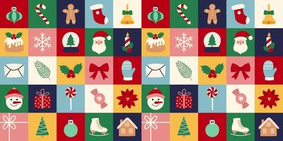 Retro seamless pattern with Christmas colorful icons. Merry Christmas and Happy New Year modern geometric minimalist holiday elements. ornament for print, banner, card, fabric, cover vector