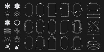 Silver arch frames with flowers. Shiny chrome modern minimalist aesthetic linear set elements. Lineart geometric shapes. Line art illustration for social media, poster vector