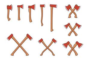 Wooden red axe, crossed axe set. Rustic flat cartoon illustration on white background vector