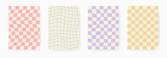 Groovy abstract psychedelic colorful checkered poster set. Chess board pattern 60s-70s. Y2K wallpapers in cage. Hippie retro design vector