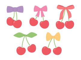 Set of red coquette cherry with colorful ribbon bow. Flat illustration vector