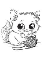 Cute Kawaii Fluffy Cat Playing with Yarn Ball Coloring Page Enjoyable and Relaxing Coloring Fun for Kids, Teens, and Adults Perfect for All Skill Levels vector