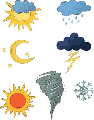 Cartoon weather Flat Icons of sun cloudiness lightning rain tornado