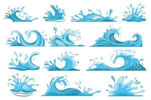 Water splash mega set elements in flat graphic design. Bundle objects of blue cartoon spraying and pouring waves, aqua streams with droplets, ripple puddles, swirl fountain forms. illustration. vector
