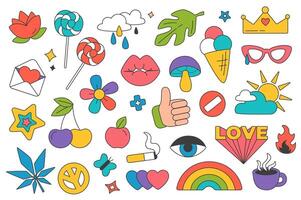 Retro groovy y2k stickers set elements in flat graphic design. Bundle objects of funky signs with flowers, lollipop, cloud, leaf, love, kiss, mushroom, rainbow and other. illustration. vector