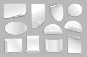 White paper stickers set elements in flat graphic design. Bundle objects of rectangular, oval, round shapes of adhesive tags with curled corners, blank labels with curve edges. illustration. vector
