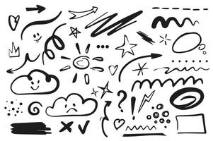Line shape marker set elements in flat graphic design. Bundle objects of black doodle drawings with arrows, stars, clouds, sun, curls, circle, square, dots, tick, heart, other. illustration. vector