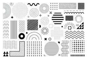 Geometric shapes mega set elements in flat graphic design. Bundle objects of circles, squares, triangles, hexagons with halftone, dots and lines pattern, waves and curve lines. illustration. vector