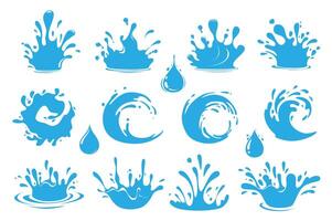 Water splash set elements in flat graphic design. Bundle objects of blue liquid flows and waves with falling droplets, clean aqua pouring, dynamic fluid flow in circle motion. illustration. vector