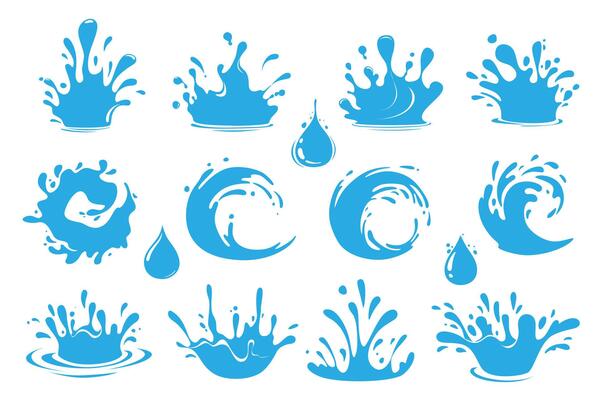 Water splash set elements in flat graphic design. Bundle objects of blue liquid flows and waves with falling droplets, clean aqua pouring, dynamic fluid flow in circle motion. illustration.