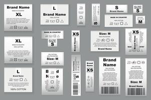 Clothes laundry labels mega set realistic elements in flat graphic design. Bundle objects of fabric clothing white tags with brand name, sizes, care washing instruction, info. illustration. vector