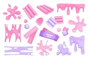 Bubble gum splashes mega set elements in flat graphic design. Bundle objects of pink and purple chewy sweet candies, jelly stains, slimy stripes, gummy and sticky stretchy forms. illustration. vector