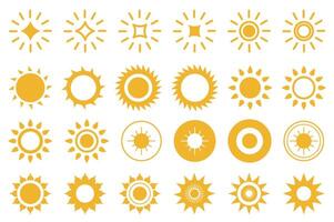 Sun and star mega set elements in flat graphic design. Bundle icons of yellow silhouette symbols of weather stickers, hot, light, sunlights and sunny bright in different shapes. illustration. vector