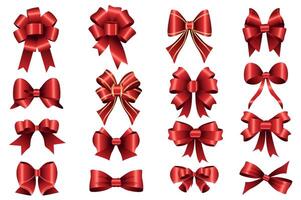 Red bows mega set realistic elements in flat graphic design. Bundle objects of shiny satin and silk gift bows with different knot types, luxury ribbons for package present decor. illustration. vector