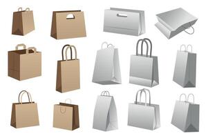 Shopping bag mega set realistic elements in flat graphic design. Bundle objects of blank brown and white paper packages, disposable and recycling packet mockups with handles. illustration. vector