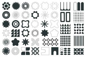 Brutalist geometric shapes mega set elements in flat graphic design. Bundle objects of simplicity symbols with flowers, suns, stars, circles, squares, grids, curves and other. illustration. vector