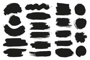 Black ink stains mega set elements in flat graphic design. Bundle objects of rough brush stroke patterns and dirty paint blobs with grunge edges in different abstract forms. illustration. vector