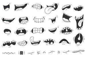 Smile mouths mega set elements in flat doodle graphic design. Bundle objects of open or closed mouths with tongues and teeth, with different emotions for funny caricature faces. illustration. vector