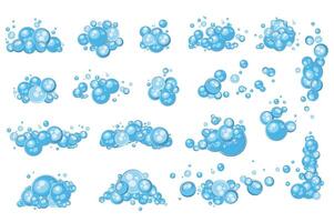 Blue soap bubbles mega set elements in flat graphic design. Bundle objects of different shape balls compositions with bath foams, foamy suds of shampoo or shower gel products. illustration. vector