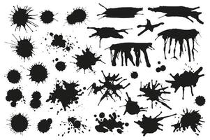 Black ink drops and splashes set elements in flat graphic design. Bundle objects of grunge stains and drips, messy paintbrush blots, grainy splattered texture, dirty paint spots. illustration. vector