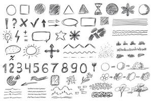 Geometric shapes mega set elements in hand drawn flat graphic design. Bundle objects of circles, squares, triangles, flowers, marks, cross, tick, arrows, speech bubble and other. illustration. vector