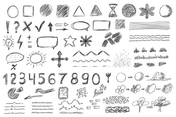 Geometric shapes mega set elements in hand drawn flat graphic design. Bundle objects of circles, squares, triangles, flowers, marks, cross, tick, arrows, speech bubble and other. illustration.