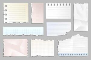 Ripped paper strips set elements in flat graphic design. Bundle objects of torn white notebook pages, lined or chequered note sheets with torn edges, crumpled blank message notes. illustration. vector