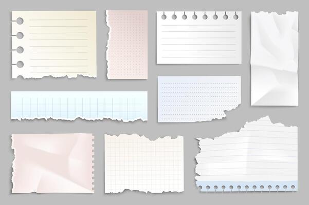 Ripped paper strips set elements in flat graphic design. Bundle objects of torn white notebook pages, lined or chequered note sheets with torn edges, crumpled blank message notes. illustration.