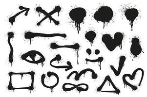 Graffiti spray lines set elements in flat graphic design. Bundle objects of grunge ink stain and drips in arrow, cross, heart, eye, square, triangle, circles and other symbols. illustration. vector